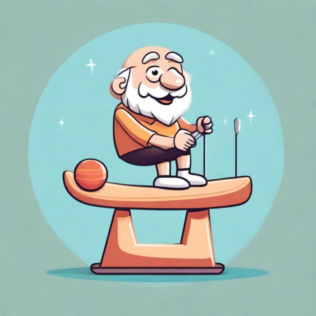 An illustration of Archimedes sitting on one side of a seesaw, Planet Earth on the other, elevated side. The fulcrum, located at the middle bottom of the seesaw, is whimsically shaped like a child's smile.