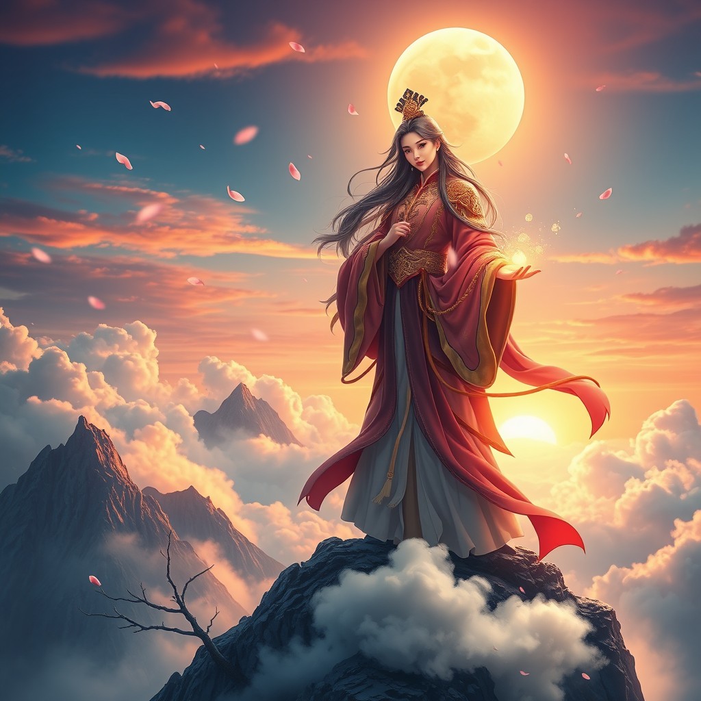 A majestic scene of a Chinese cultivation immortal, dressed in flowing, ornate robes, standing atop a mountain peak surrounded by ethereal clouds