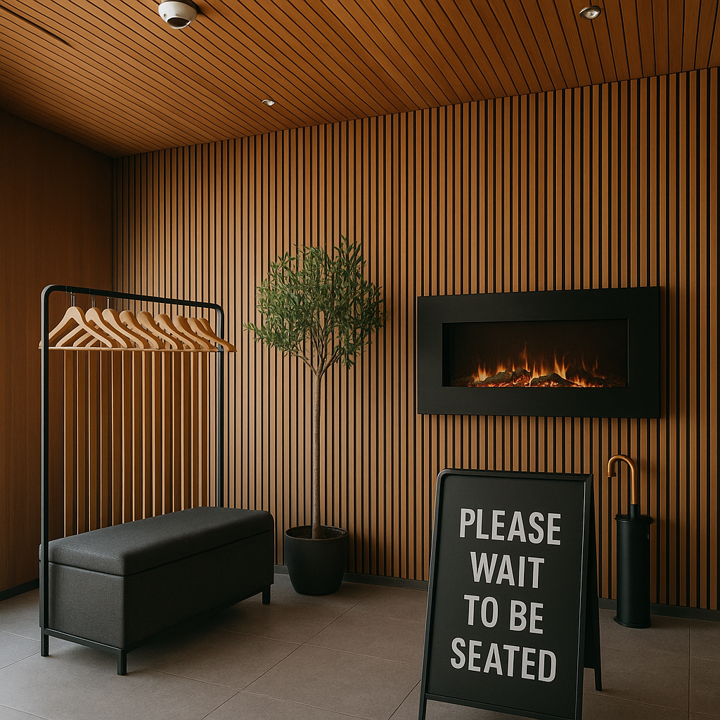 Remove the desk with a reservation desk, long clothes rack with stripes, cushion box storage for outdoor dining, olive tree, umbrella stand, wall-mounted decorative fireplace, please wait to be seated poster on the ground