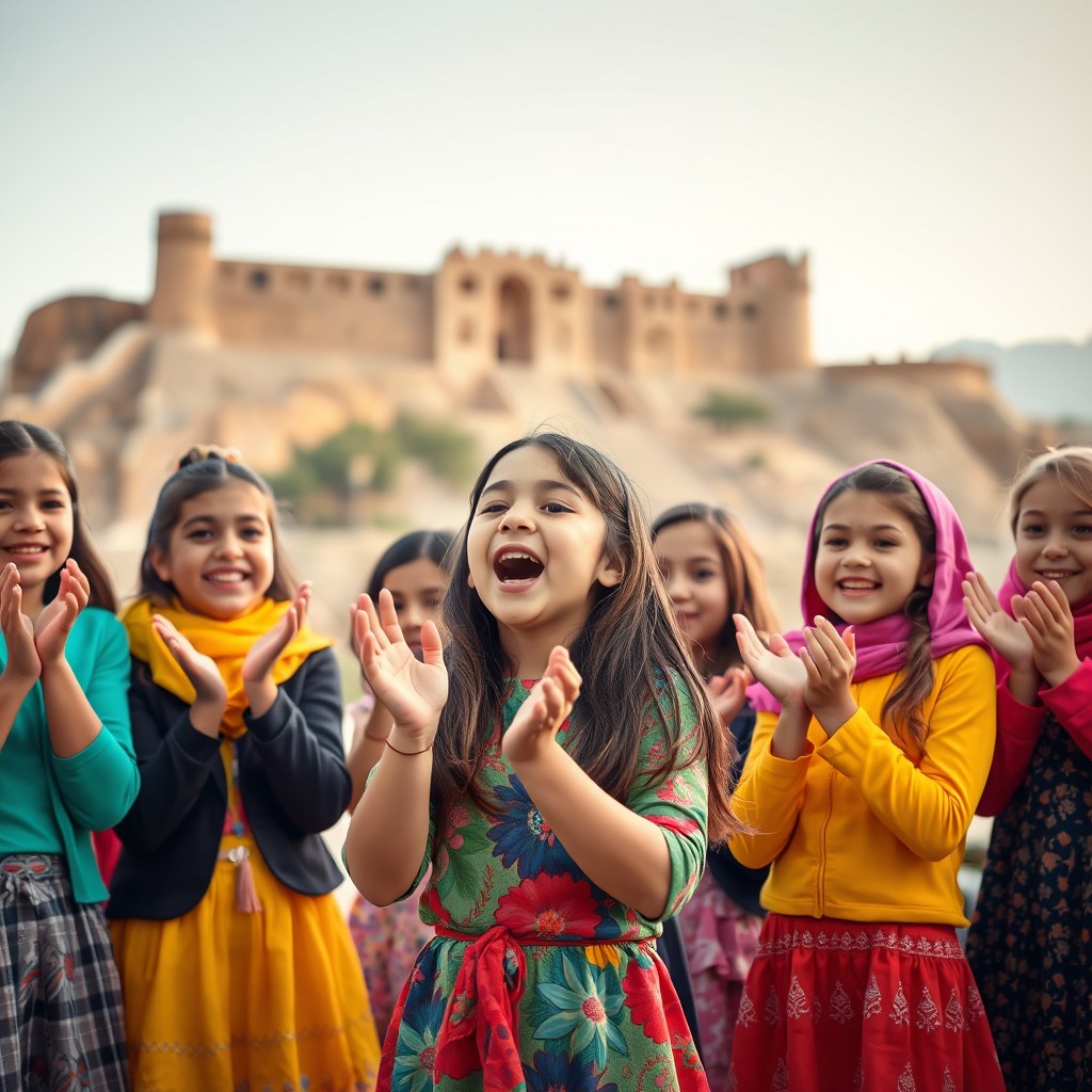 A vibrant scene featuring a group of joyful girls clapping in excitement