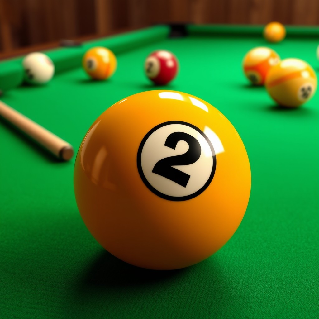 A realistic portrayal of billiard ball number 2 resting on a green felt billiard table