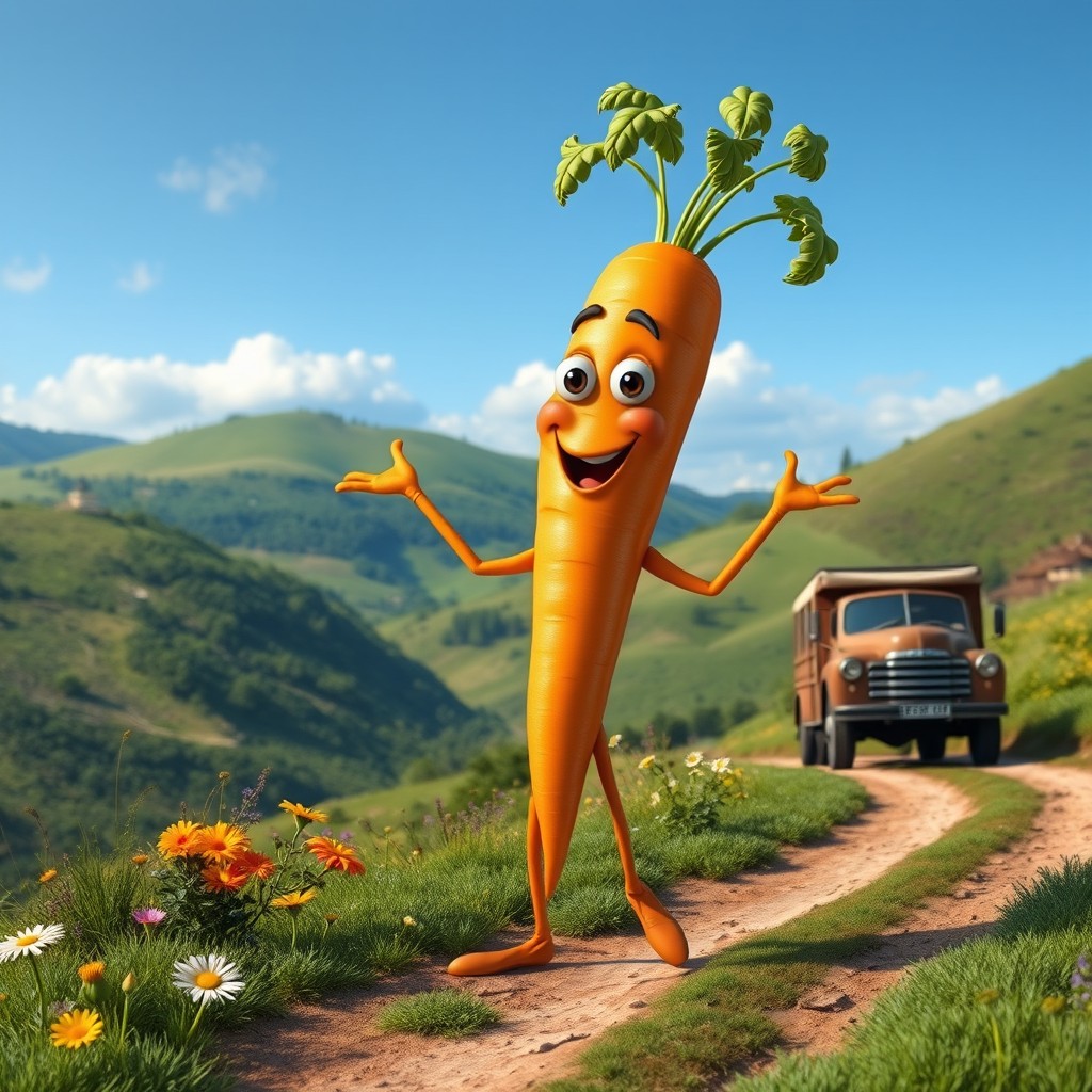 A realistic carrot character featuring arms and legs, standing in a picturesque Balkan landscape