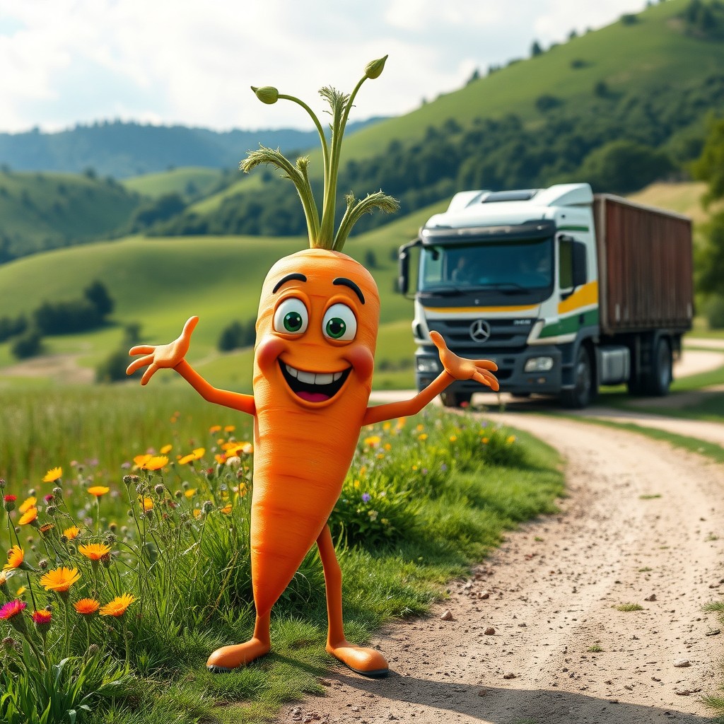A realistic carrot character equipped with arms and legs, positioned amidst a beautiful Balkan landscape