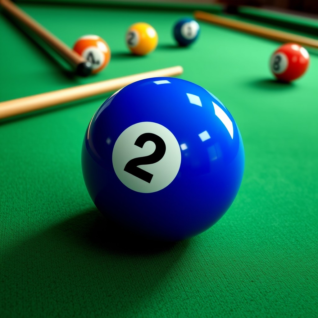 A realistic portrayal of the blue billiard ball number 2 resting on a green felt billiard table