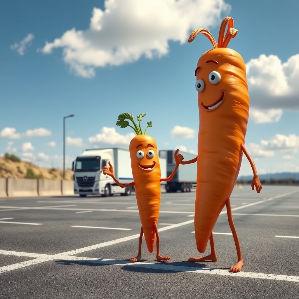 A realistic carrot character with arms and legs, standing in a parking lot