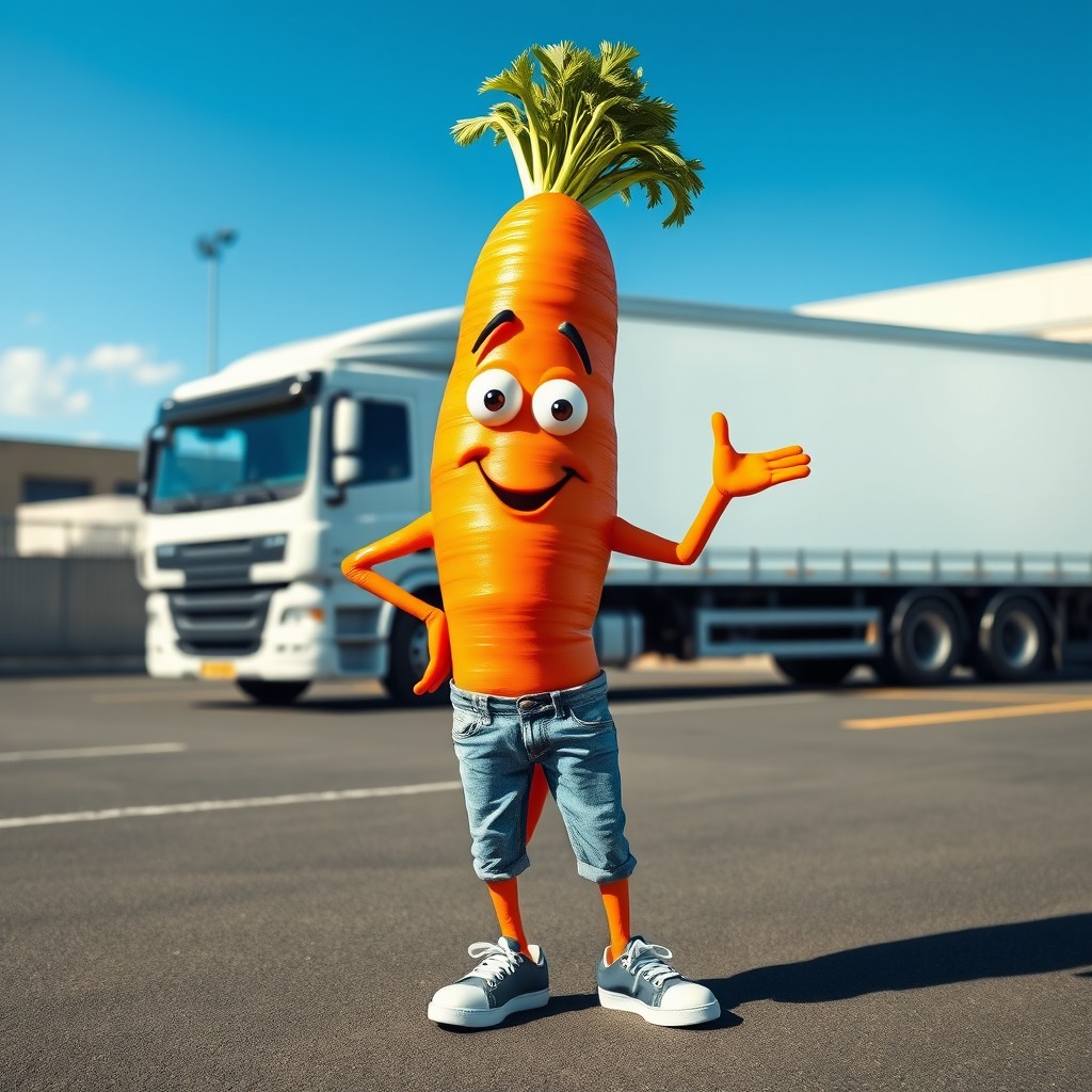 A very realistic carrot character with arms and legs, standing confidently in a modern parking lot