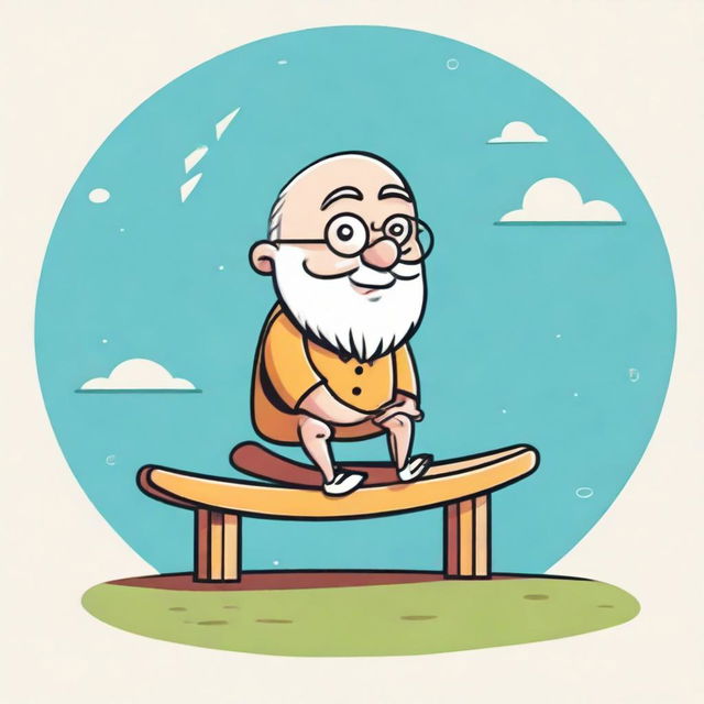 An illustration of Archimedes sitting on one side of a seesaw, Planet Earth on the other, elevated side. The fulcrum, located at the middle bottom of the seesaw, is whimsically shaped like a child's smile.