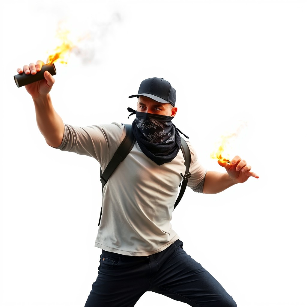 A dynamic and energetic scene featuring a male protester wearing a black cap and a bandana covering his face, captured in the act of throwing a Molotov cocktail