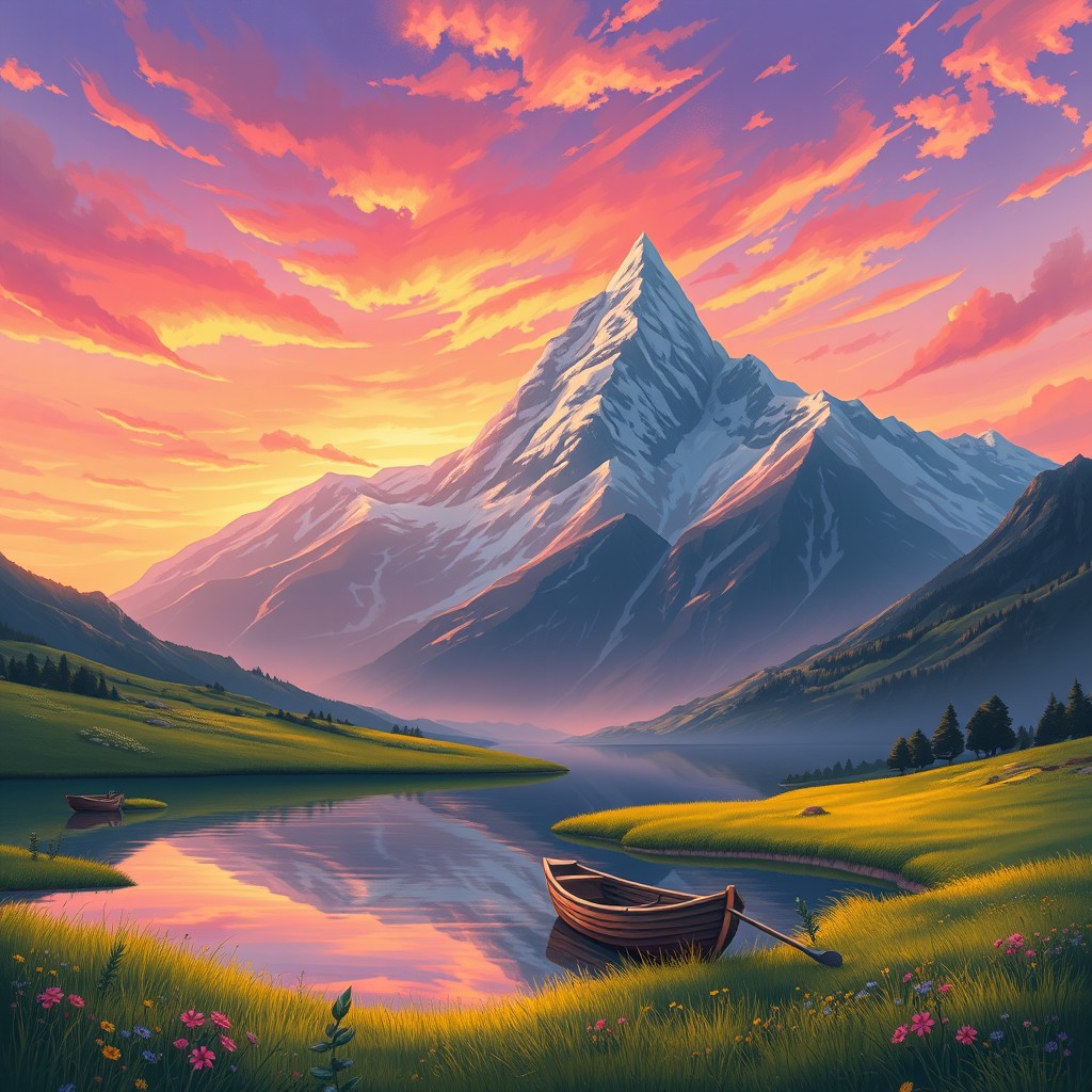 An enchanting illustration of a serene landscape featuring a majestic mountain range under a vibrant sunset sky