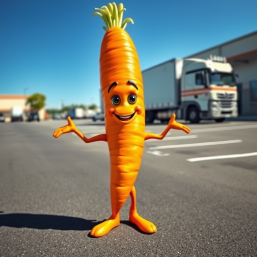 A very realistic carrot character with arms and legs, standing in a bustling parking lot