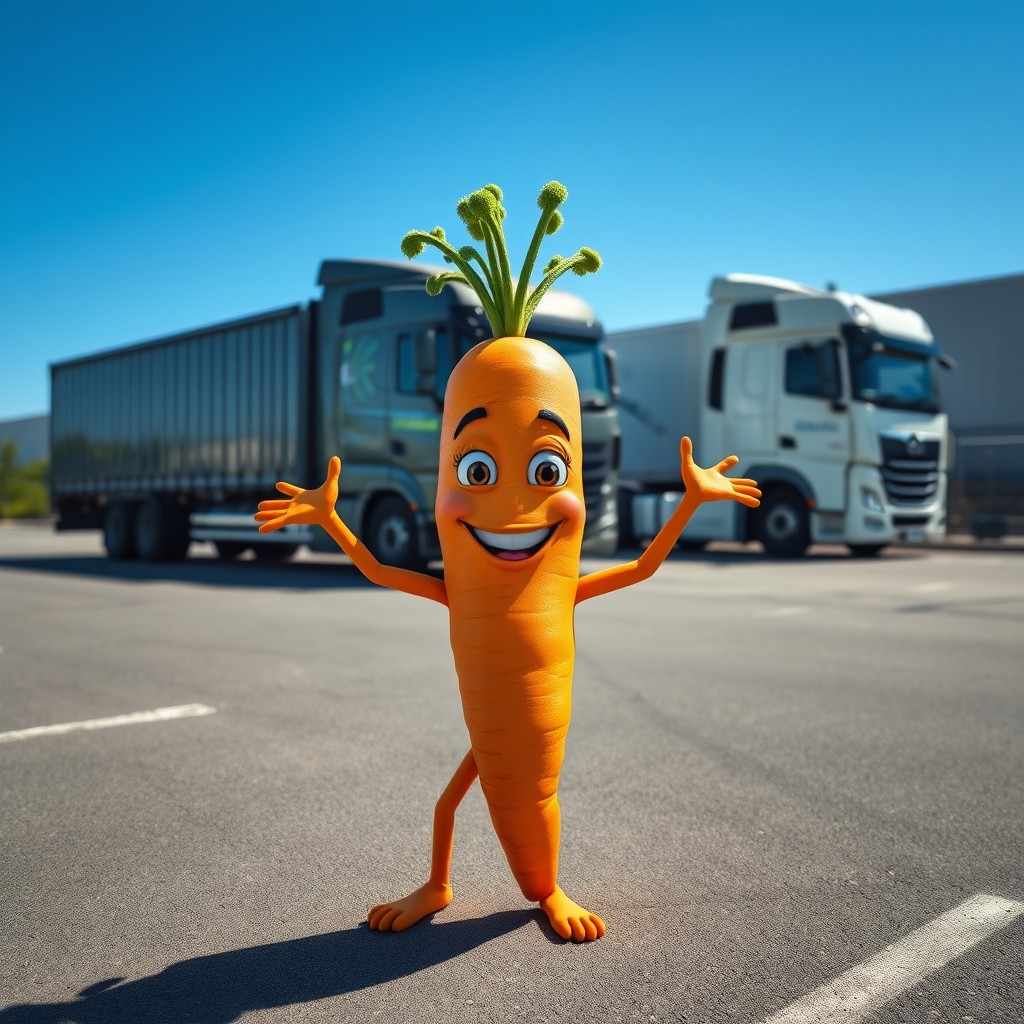 A realistic carrot character with arms and legs, standing in a parking lot