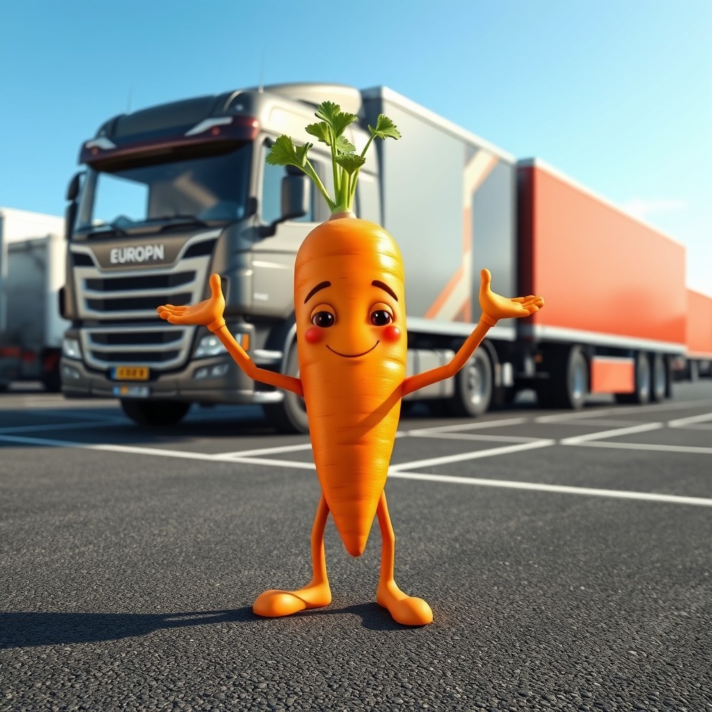 A realistic carrot character with arms and legs, standing in a busy parking lot