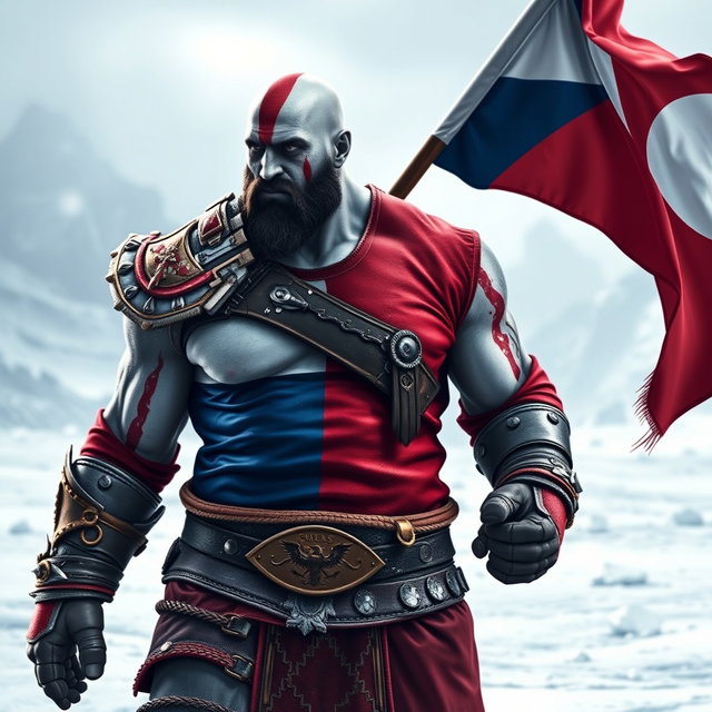 Kratos from God of War, depicted wearing a Czech hockey jersey, proudly holding the Czech flag