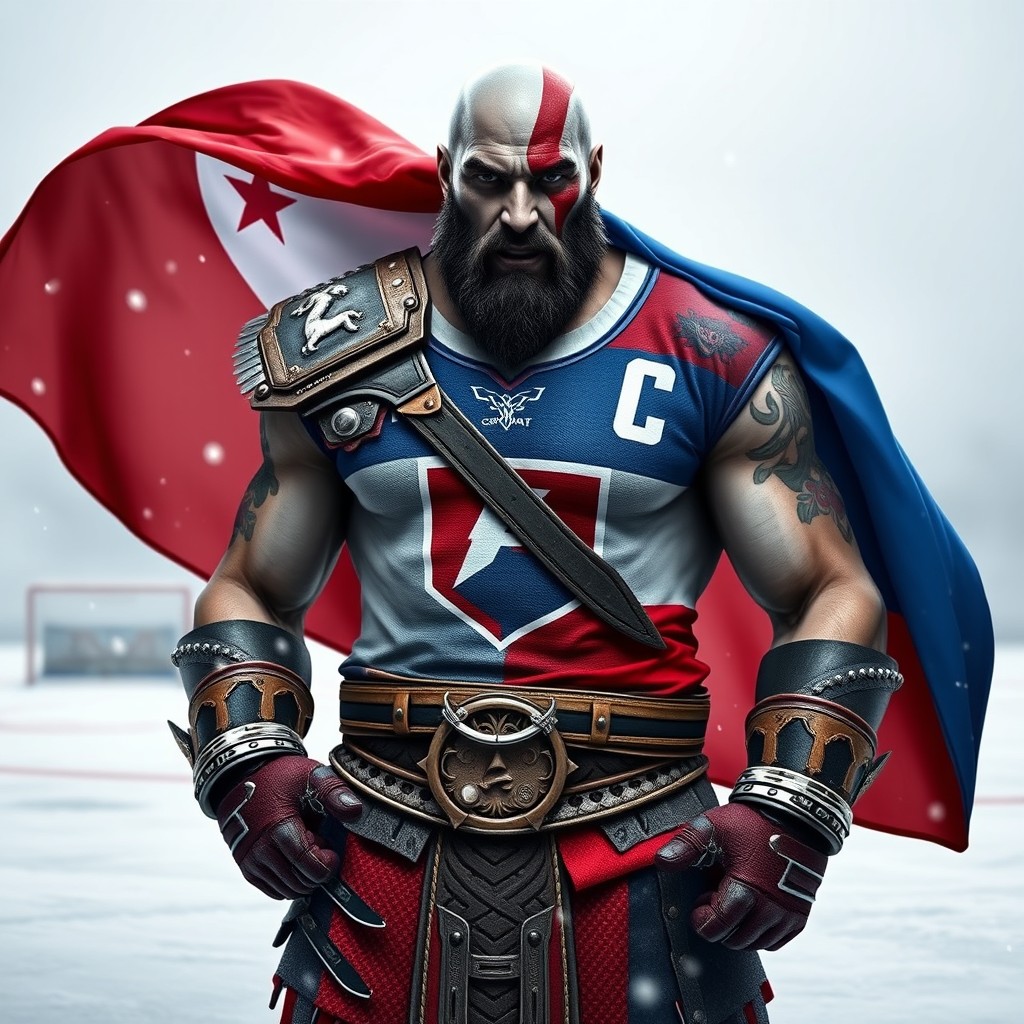 Kratos from God of War wearing a Czech national hockey jersey, showcasing his muscular build and fierce expression while holding the Czech flag proudly