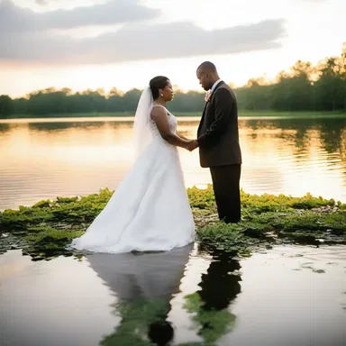 As the sun set over the tranquil lake, the couple exchanged vows surrounded by floating aquatic plants, symbolizing their everlasting love and commitment.