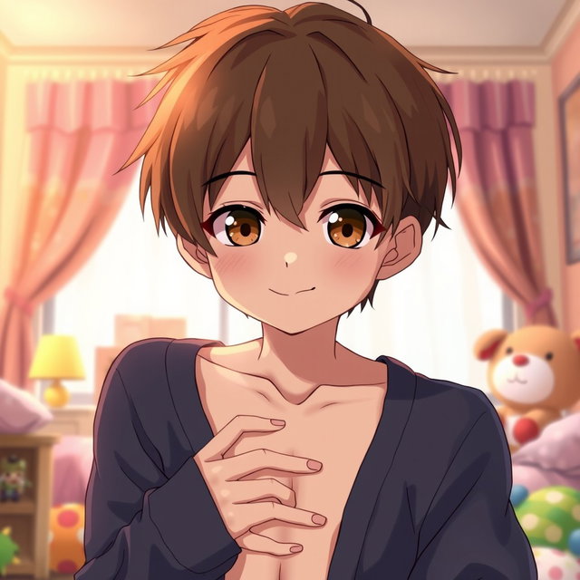 An anime boy with short brown hair and expressive brown eyes, depicted in a tasteful and artistic style