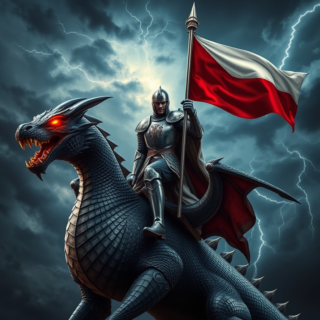 A knight sitting majestically on a fearsome, demonic dragon