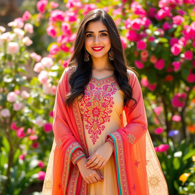 A beautiful young woman wearing a traditional suit salwar with intricate embroidery, vibrant colors, and a flowing dupatta