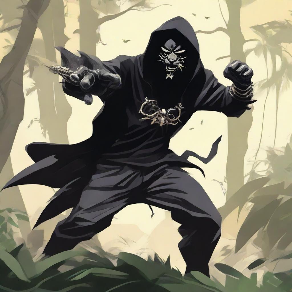 A mysterious figure, shrouded by a black mask and a hoodie, fiercely fighting off adversaries with metal lion-claw gloves. His roar echoes, resonating with the might of a jungle king.