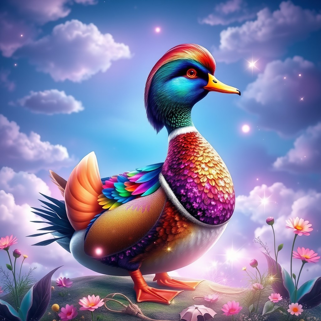 A stunning and fantastical wallpaper featuring a vibrant, colorful duck with an elaborate plumage