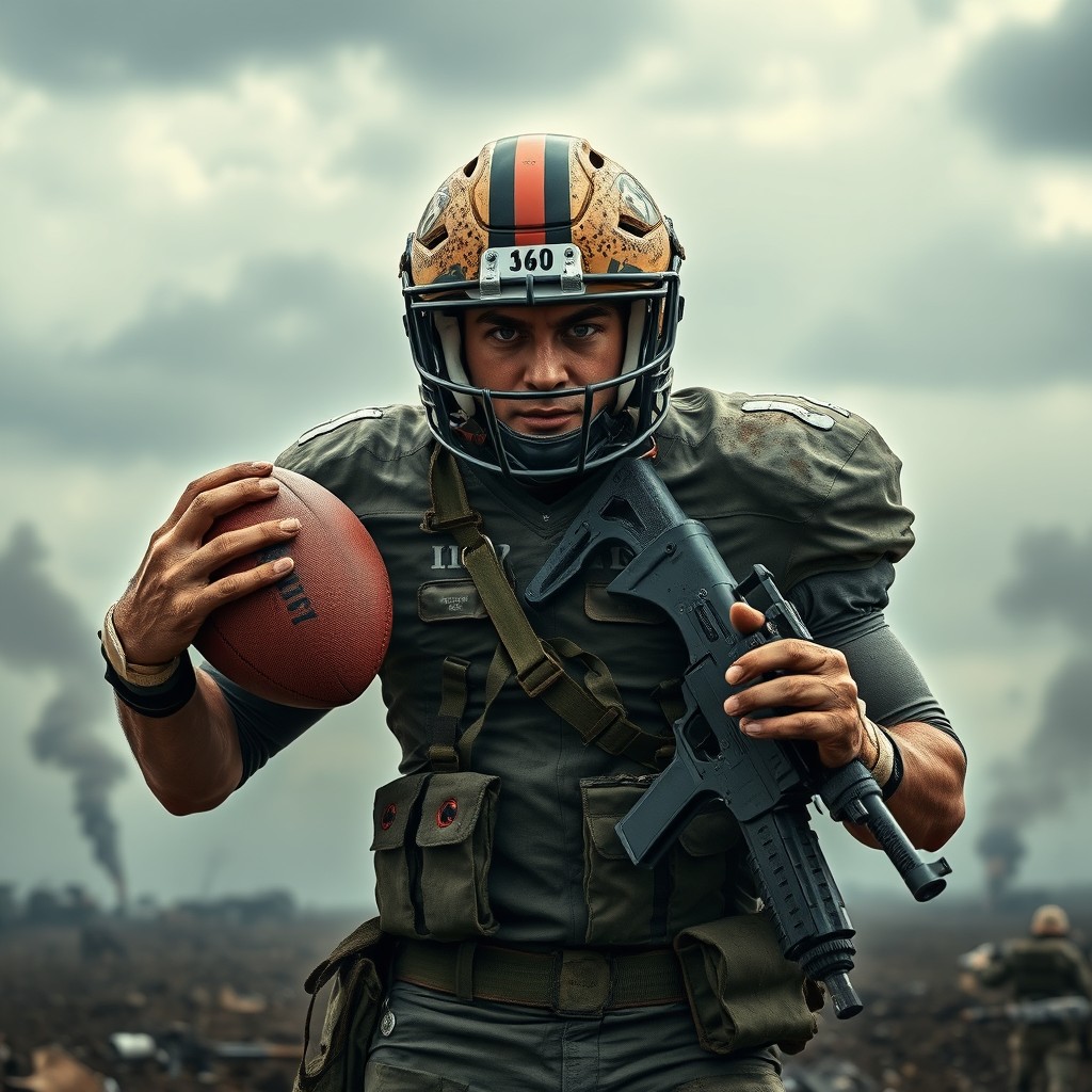 A fierce and resilient football player dressed in a worn military uniform, sporting a football helmet, standing confidently amidst a war-torn landscape