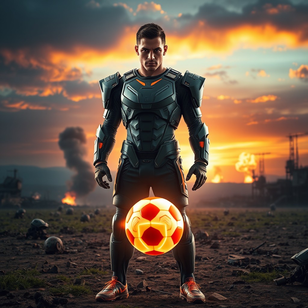 A fierce soccer player wearing an innovative futuristic armor, standing proudly on a battlefield with a dramatic war-torn landscape in the background