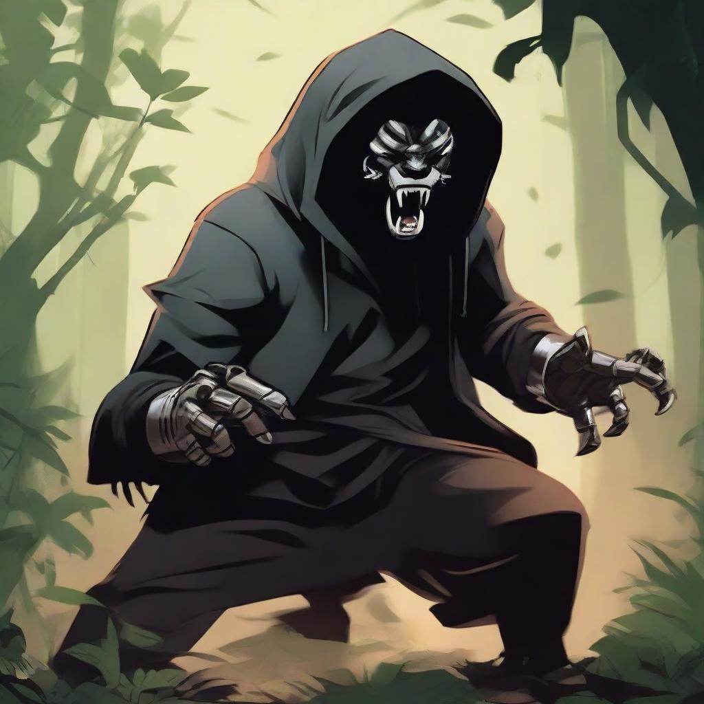 A mysterious figure, shrouded by a black mask and a hoodie, fiercely fighting off adversaries with metal lion-claw gloves. His roar echoes, resonating with the might of a jungle king.