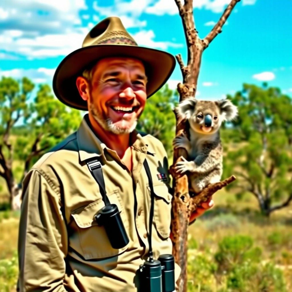 A safari hunter in a vast Australian landscape, wearing a classic safari outfit with a hat and binoculars around the neck