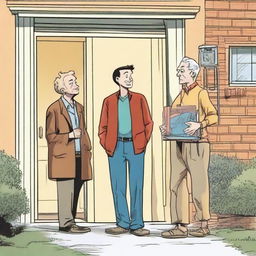 A comic scene depicting three young men arriving at the home of an elderly grandmother and giving their heartfelt greetings