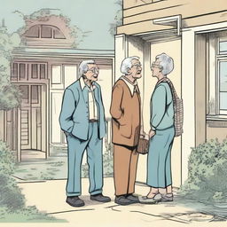 A comic scene depicting three young men arriving at the home of an elderly grandmother and giving their heartfelt greetings