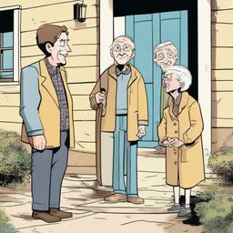 A comic scene depicting three young men arriving at the home of an elderly grandmother and giving their heartfelt greetings