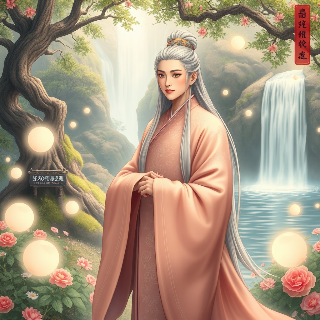 A serene portrayal of a Chinese immortal, elegantly dressed in traditional, flowing robes adorned with intricate patterns