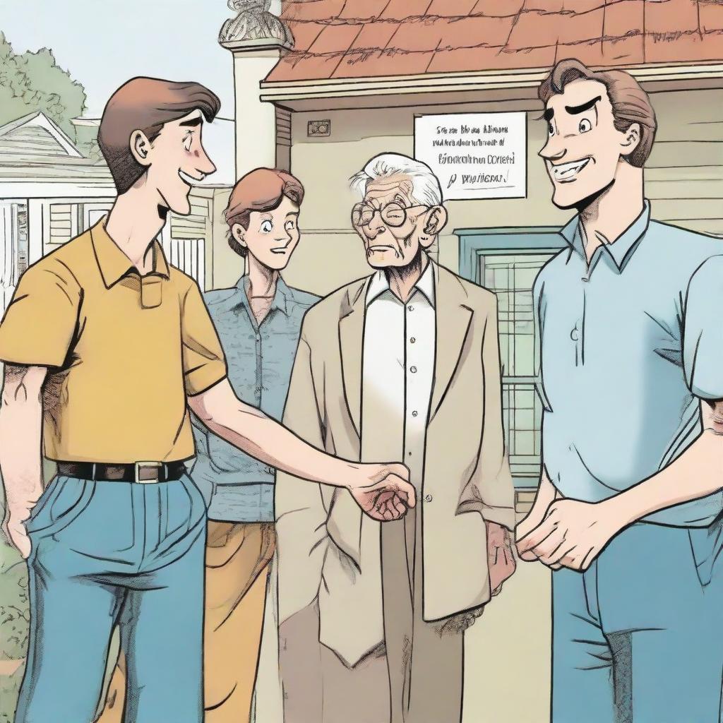 A comic scene depicting three young men arriving at the home of an elderly grandmother and giving their heartfelt greetings