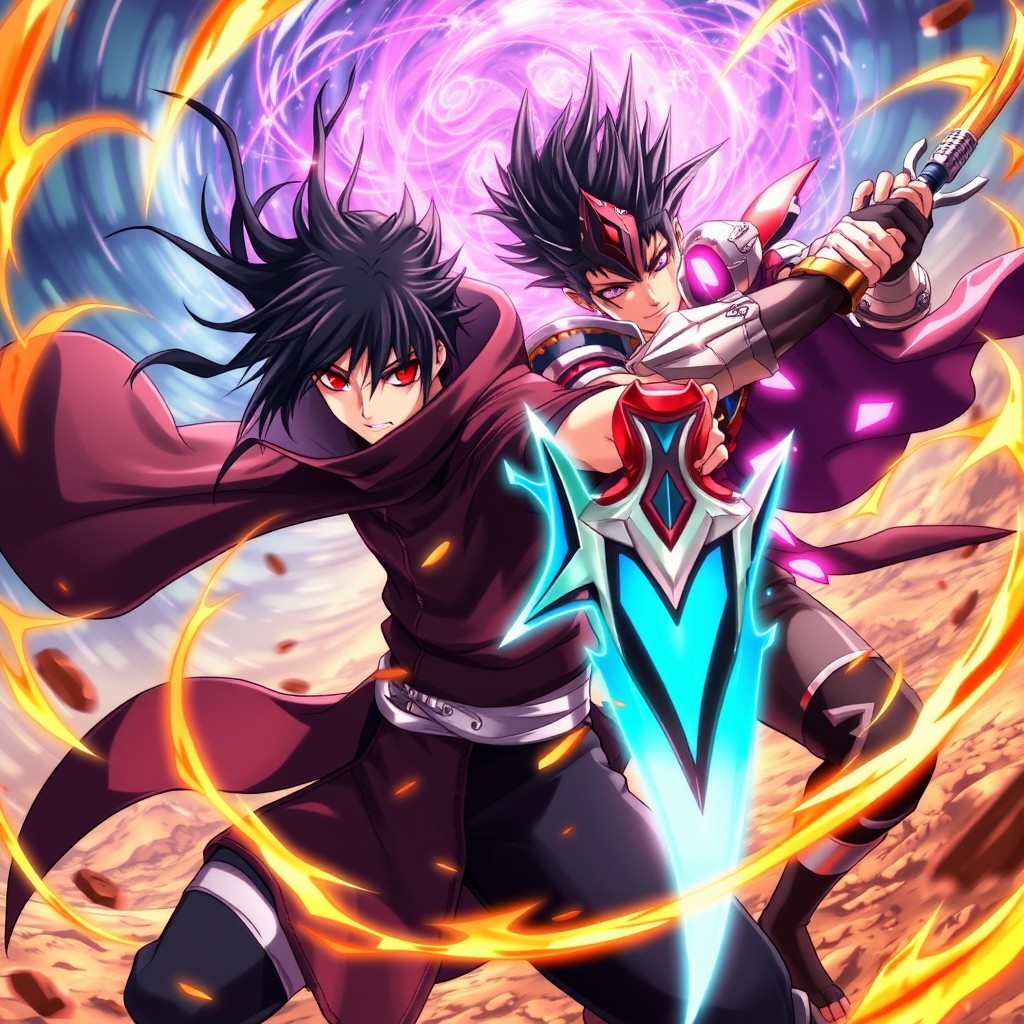 A highly detailed and dynamic illustration featuring Itachi Uchiha from Naruto and Ayato from FrFr