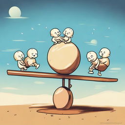 The left side of a seesaw dipped down with Archimedes sitting on it, and Planet Earth on the lifted side. The fulcrum, at the seesaw's middle bottom, is humorously shaped like a group of babies.