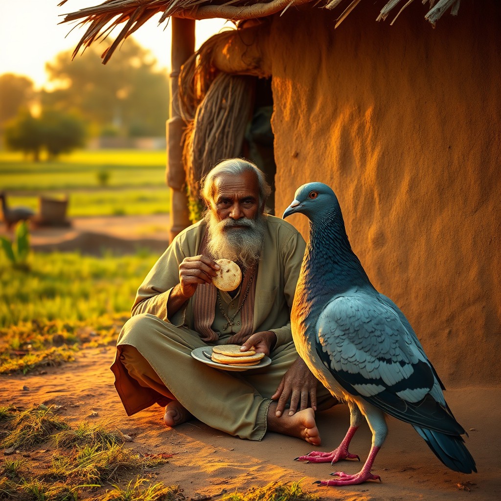 A rural Indian elder man sitting cross-legged outside a mud hut, eating traditional flatbreads, with an enormous, hyper-realistic pigeon standing beside him in a village farm setting during golden hour
