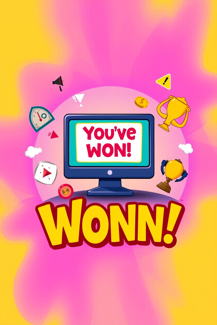 A vibrant and eye-catching poster illustrating an internet scam theme, depicting a colorful design that features elements like a computer with a deceitful message on the screen, symbols of winning such as a golden trophy, and alarm icons to signify warning