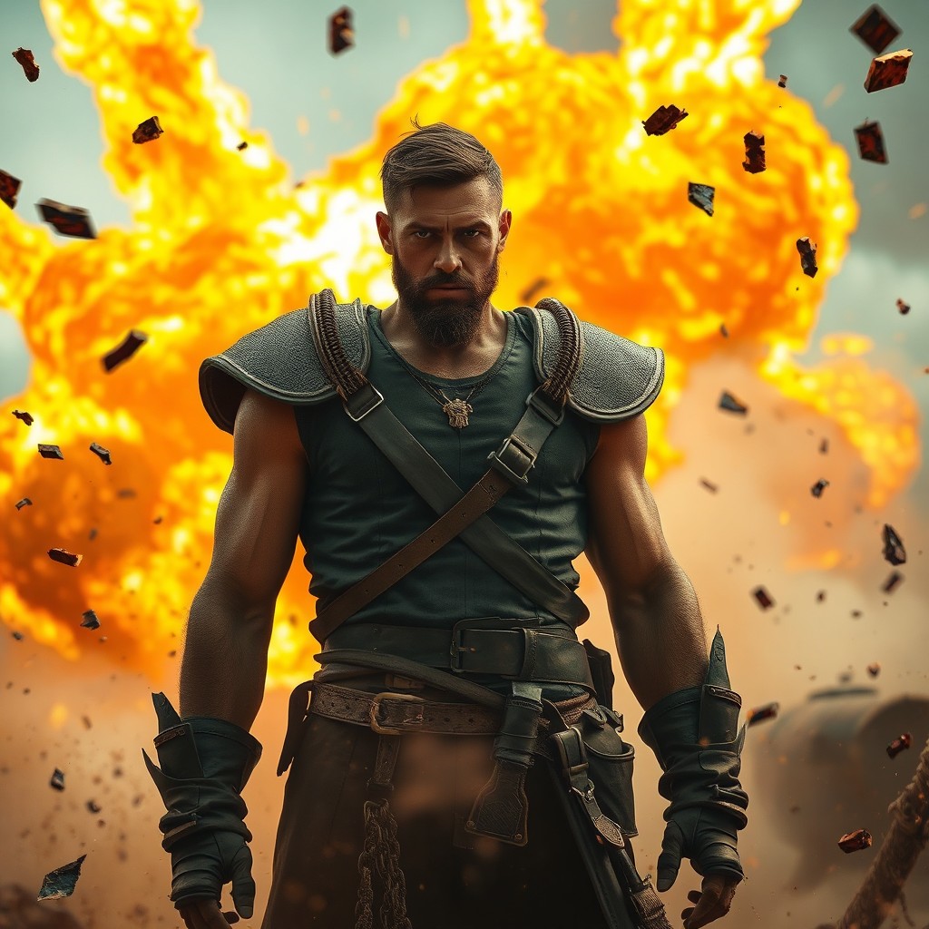 An intense scene depicting a vibrant explosion occurring in the background, with brilliant shades of orange and yellow flames shooting upwards