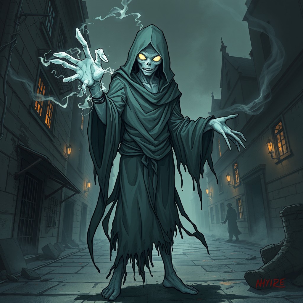 A detailed and stylized illustration of a character inspired by the concept of 'Deadman handing', featuring a ghostly figure with translucent skin and eerie glowing eyes, dressed in tattered, flowing clothing