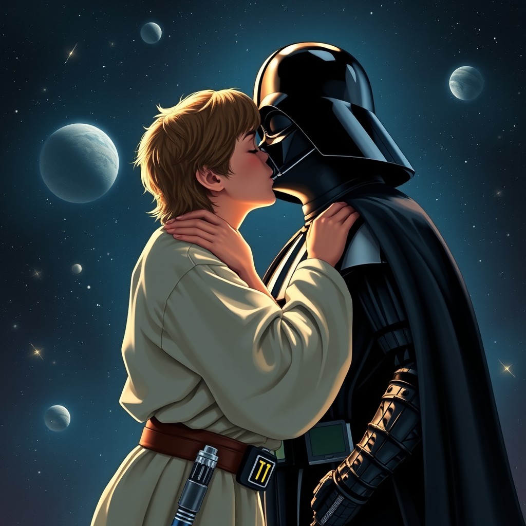 A romantic scene between two iconic characters, Luke Skywalker and Darth Vader, sharing a passionate kiss
