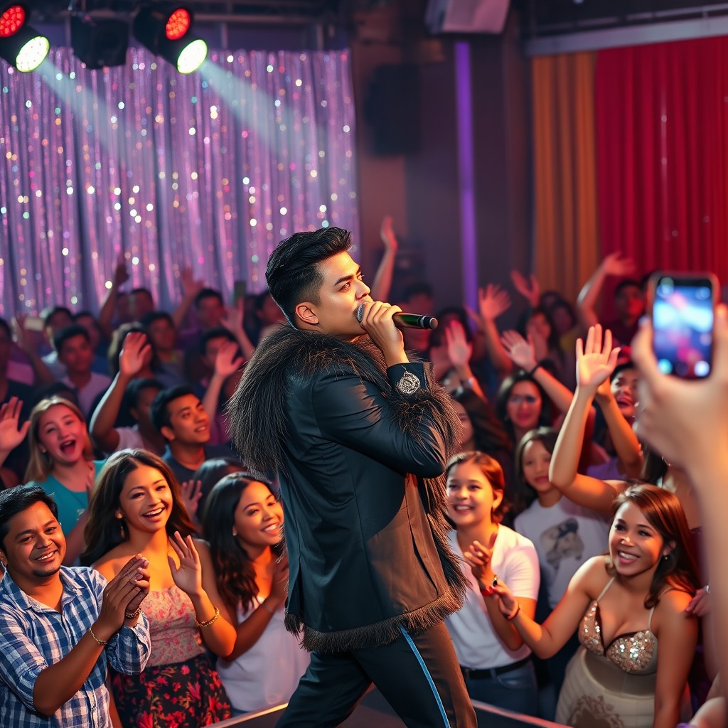 A vibrant live performance scene featuring an energetic stage with a performer in the foreground captivating the audience