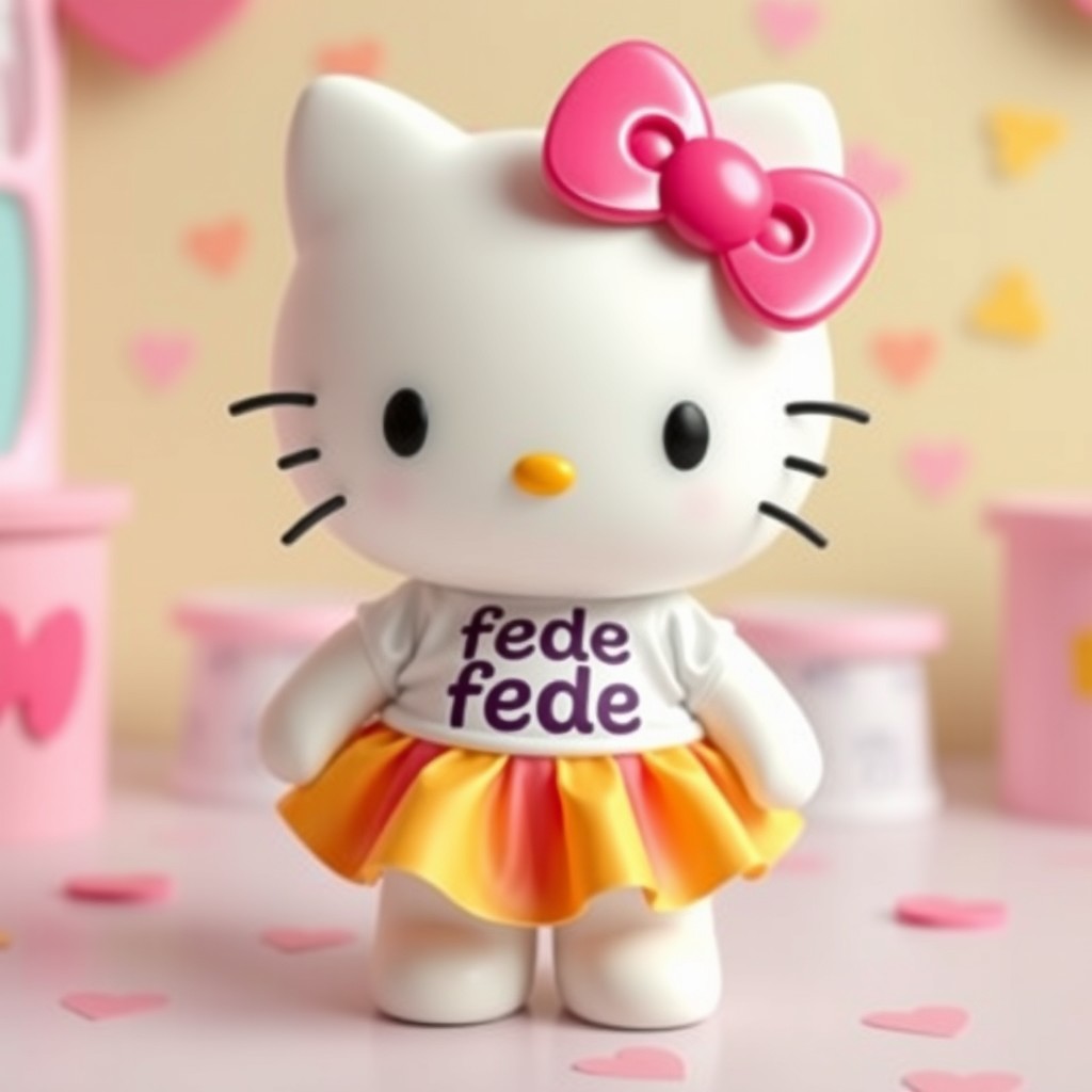 Hello Kitty wearing a cute skirt and a shirt that says 'fede', set in a vibrant and playful environment, surrounded by pastel colors and cheerful elements like hearts and stars, showcasing Hello Kitty's iconic bow and her charming smile, perfect for a fun and delightful atmosphere