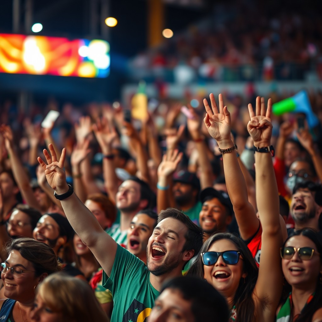 A vibrant scene of a cheering crowd with raised hands and enthusiastic expressions, celebrating at an outdoor concert or sporting event