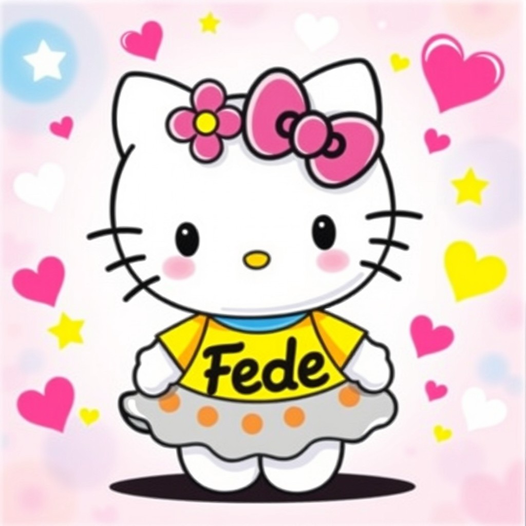 Hello Kitty wearing a vibrant skirt and a shirt that says 'Fede' prominently displayed, with a cheerful expression