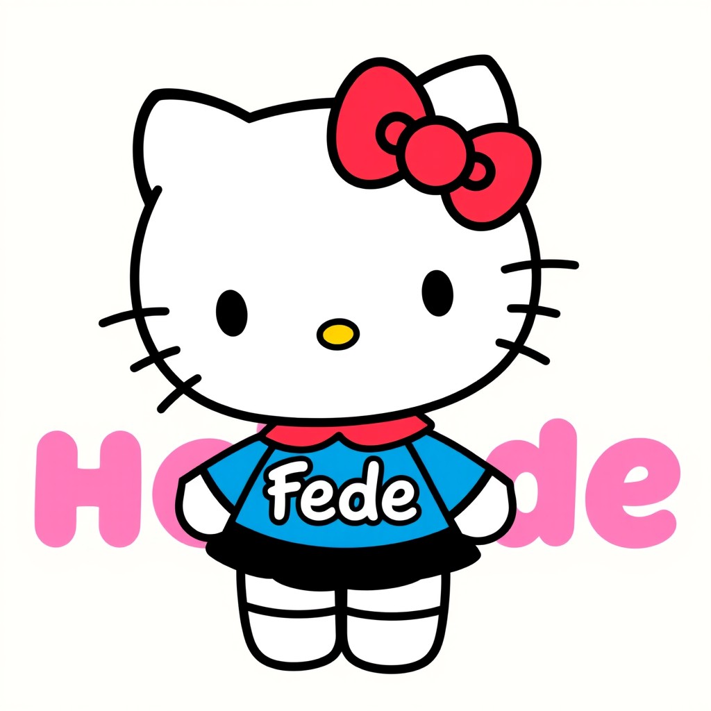 Hello Kitty character wearing a stylish black skirt paired with a bright blue shirt featuring the name 'Fede' in playful, bold letters