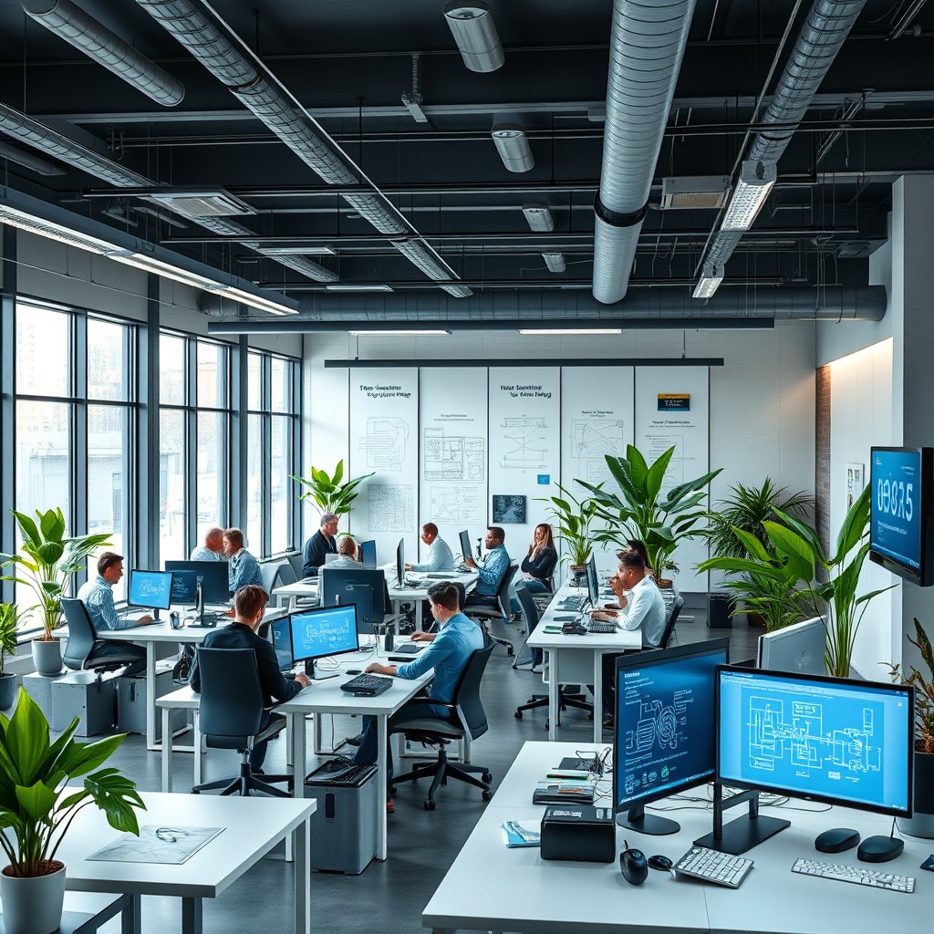 A modern, sleek office interior design of an electrical engineering company