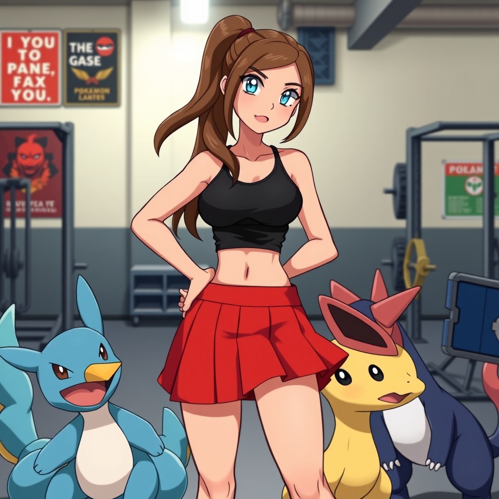 A fierce female Pokémon trainer specializing in fighting-type Pokémon, dressed in an athletic yet stylish skirt outfit that reflects her strength and agility
