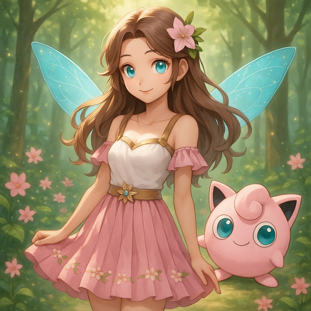 Jigglypuff standing off to the rightside next to her