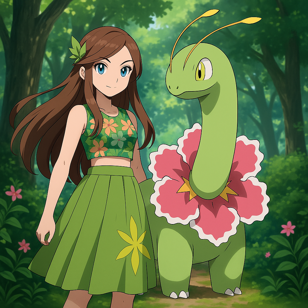 Meganium standing to the right side of her