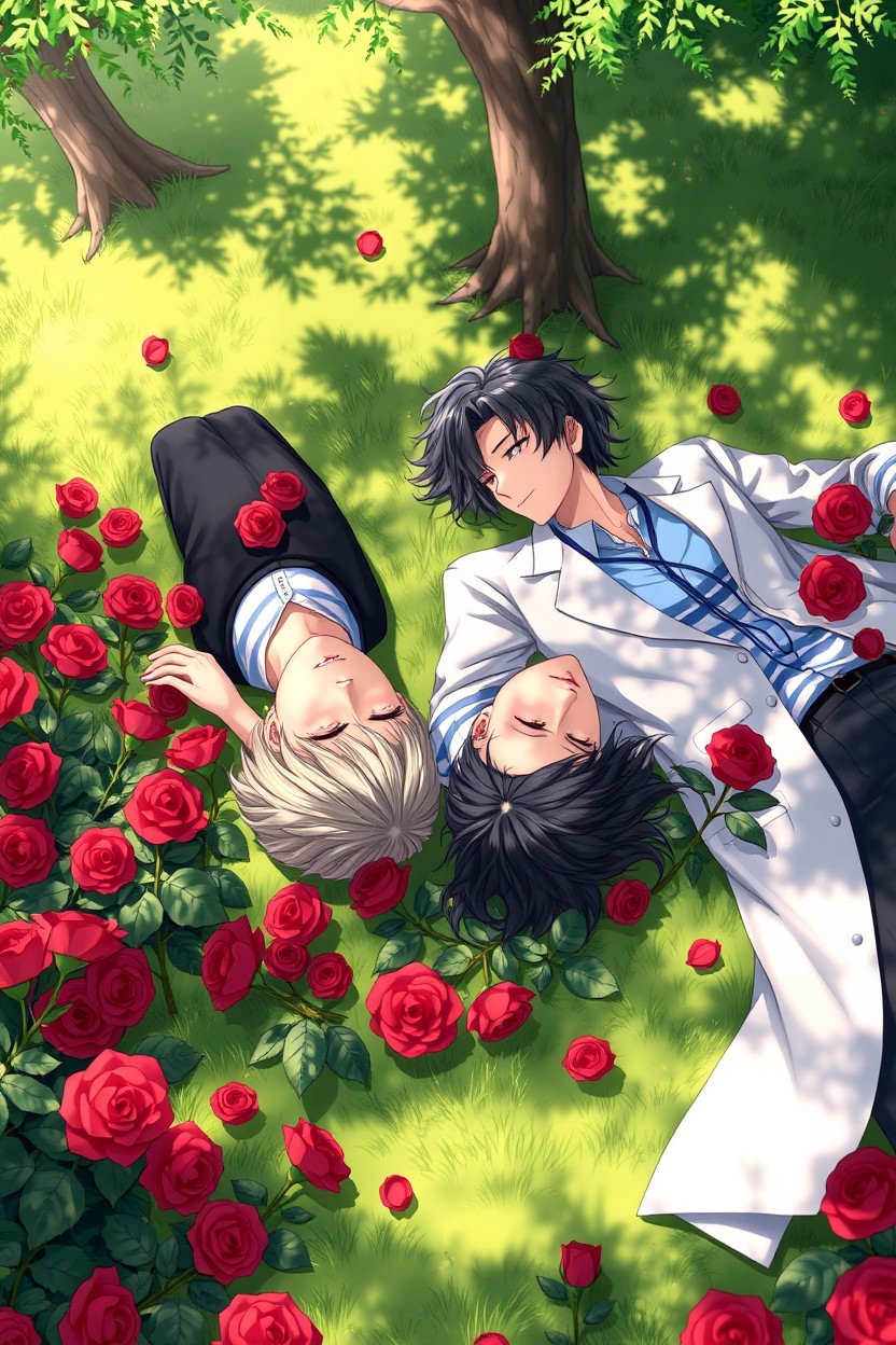Two adults lying on the ground surrounded by scarlet roses